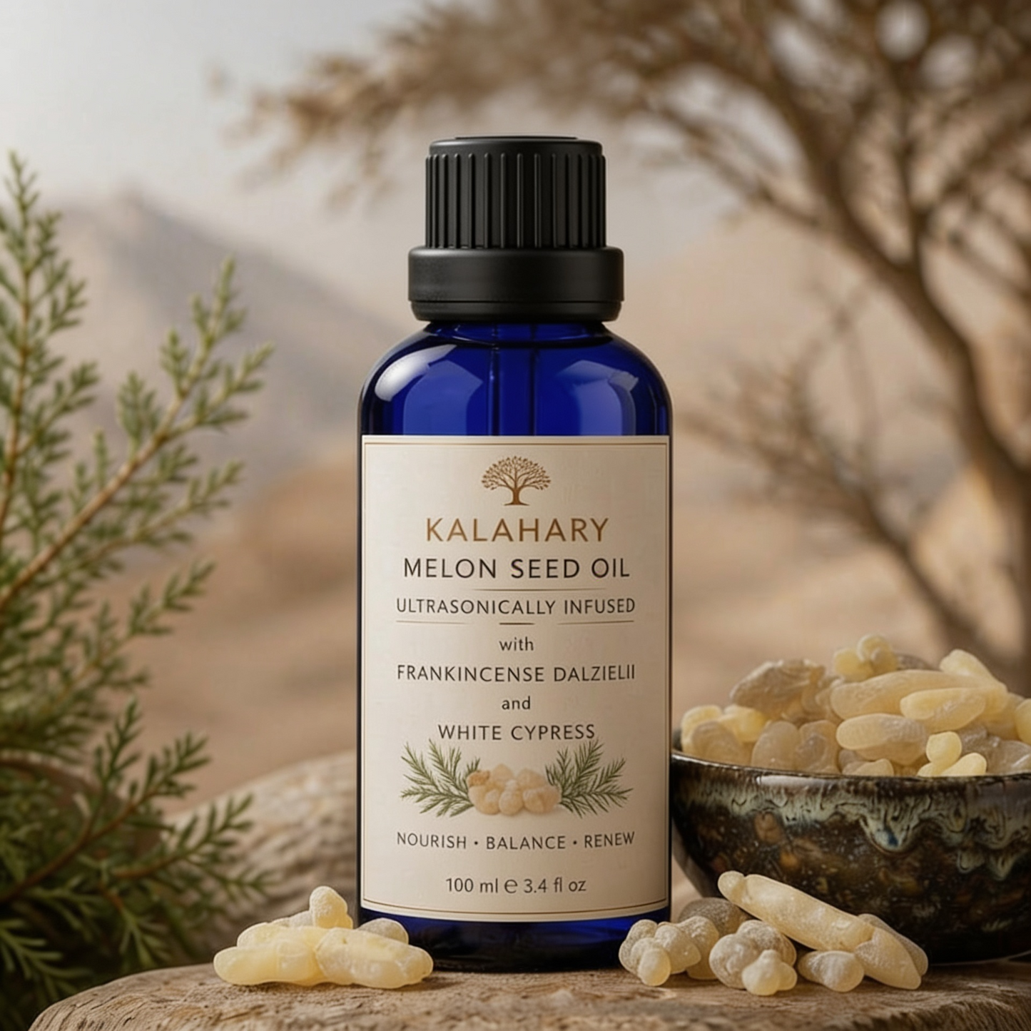 Bio Kalahary Melon Seed Oil Ultrasonically Infused with Dalzielii and White Cypress