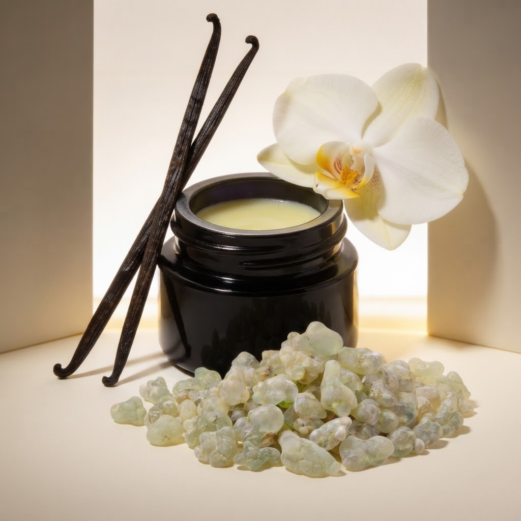 Solid Perfume of Vanilla Pods + Royal Hojari by Enfleurage in Sandalwood Nut Oil