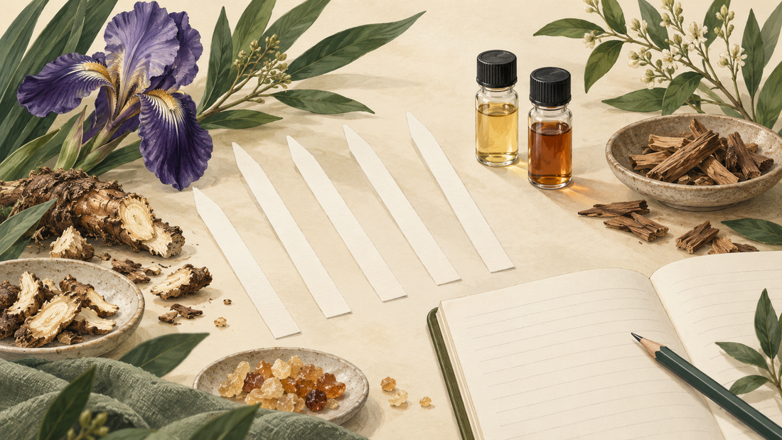 Botanical illustration of scent strips, sample vials, iris roots and wood chips on a perfumer’s workbench