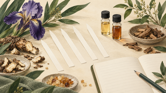 Botanical illustration of scent strips, sample vials, iris roots and wood chips on a perfumer’s workbench