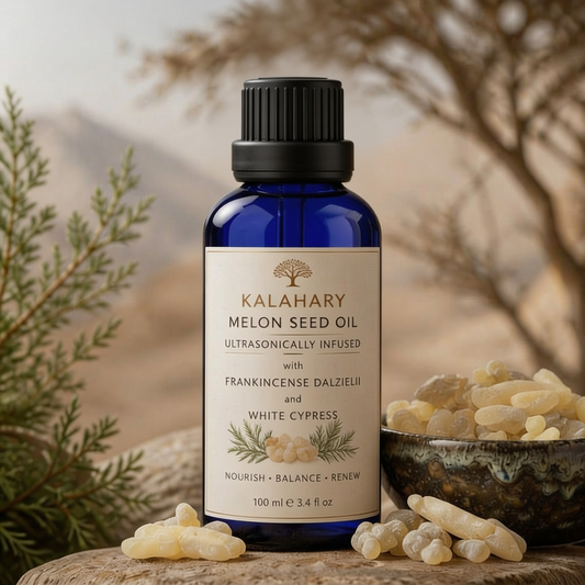 Bio Kalahary Melon Seed Oil Ultrasonically Infused with Dalzielii and White Cypress