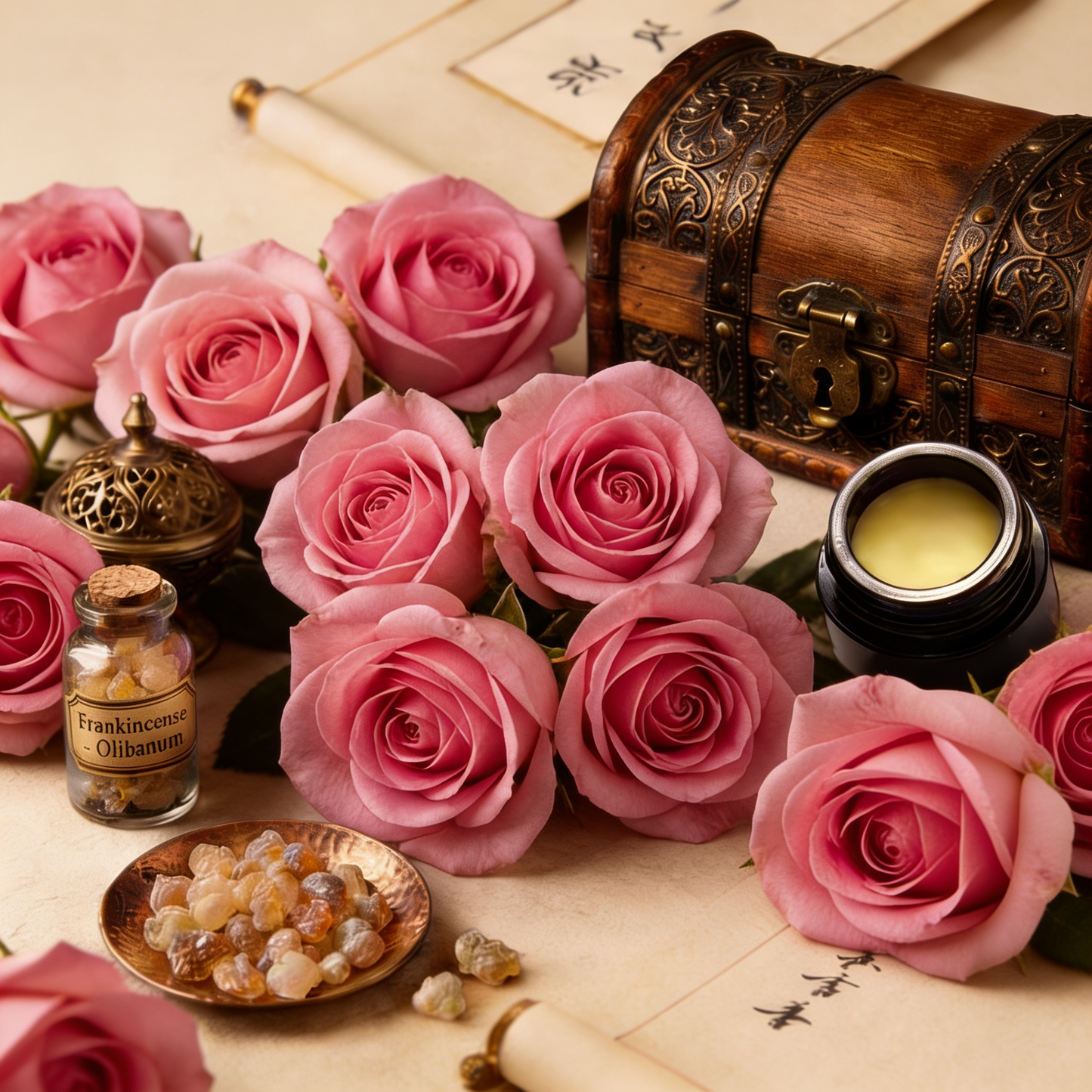 Solid Perfume of Damask Rose + Frankincense by Enfleurage in Sandalwood Nut Oil