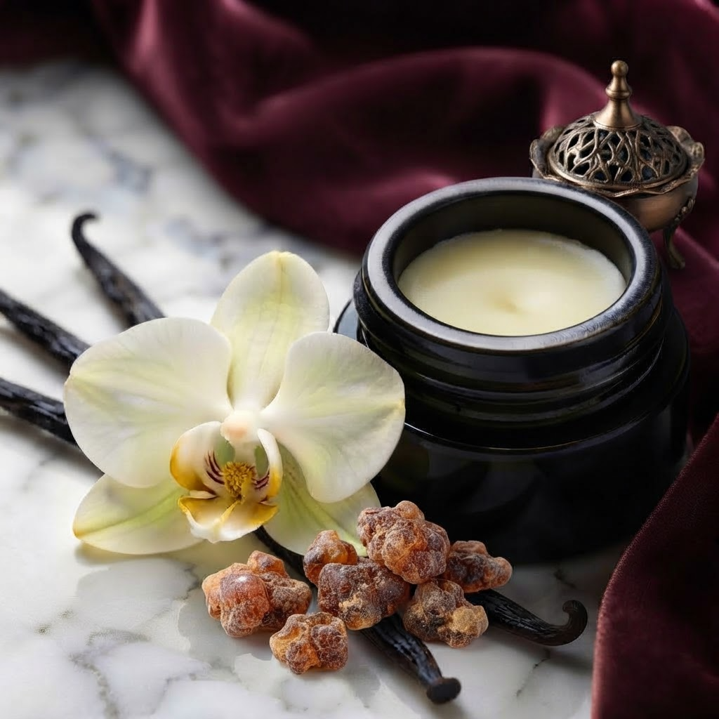 Solid Perfume of Vanilla Pods + Myrrh by Enfleurage in Sandalwood Nut Oil