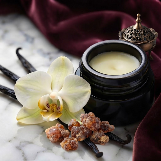 Solid Perfume of Vanilla Pods + Myrrh by Enfleurage in Sandalwood Nut Oil
